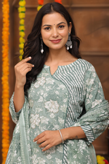 Elegant Green Floral Suit Set in Pure Sanwadi Cotton with Malmal Dupatta C143