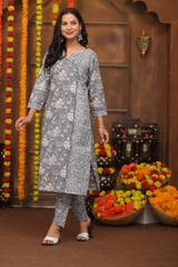 Graceful Grey Floral Suit Set – Pure Sanwadi Cotton C143