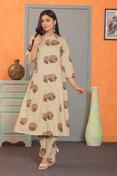 Beige Printed Co-ord Set for Women – Stylish Ethnic Wear C161