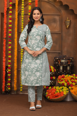 Elegant Green Floral Suit Set in Pure Sanwadi Cotton with Malmal Dupatta C143