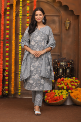 Graceful Grey Floral Suit Set – Pure Sanwadi Cotton C143