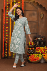 Elegant Green Floral Suit Set in Pure Sanwadi Cotton with Malmal Dupatta C143