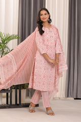 Blush Pink Ethnic Suit Set – Pure Sanwadi Cotton Kurti Set with Malmal Dupatta Pink C145