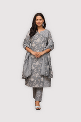 Graceful Grey Floral Suit Set – Pure Sanwadi Cotton C143