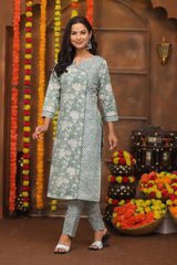 Elegant Green Floral Suit Set in Pure Sanwadi Cotton with Malmal Dupatta C143