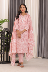 Blush Pink Ethnic Suit Set – Pure Sanwadi Cotton Kurti Set with Malmal Dupatta Pink C145