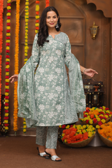 Elegant Green Floral Suit Set in Pure Sanwadi Cotton with Malmal Dupatta C143