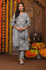 Graceful Grey Floral Suit Set – Pure Sanwadi Cotton C143