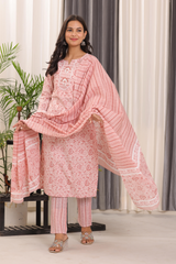 Blush Pink Ethnic Suit Set – Pure Sanwadi Cotton Kurti Set with Malmal Dupatta Pink C145
