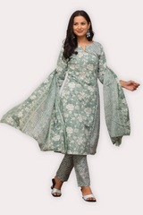 Elegant Green Floral Suit Set in Pure Sanwadi Cotton with Malmal Dupatta C143