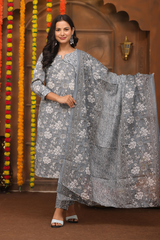 Graceful Grey Floral Suit Set – Pure Sanwadi Cotton C143