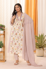 Floral Elegance in Pure Sanwadi Cotton with Malmal Dupatta White C141