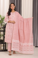 Blush Pink Ethnic Suit Set – Pure Sanwadi Cotton Kurti Set with Malmal Dupatta Pink C145