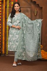 Elegant Green Floral Suit Set in Pure Sanwadi Cotton with Malmal Dupatta C143