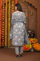 Graceful Grey Floral Suit Set – Pure Sanwadi Cotton C143