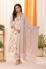 Floral Elegance in Pure Sanwadi Cotton with Malmal Dupatta White C141