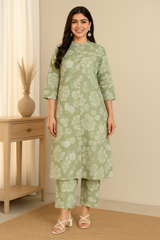 Elegant Sage Green Floral Coord Set – Pure Sanwadi Cotton C160