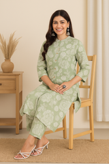 Elegant Sage Green Floral Coord Set – Pure Sanwadi Cotton C160