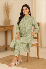 Elegant Sage Green Floral Coord Set – Pure Sanwadi Cotton C160