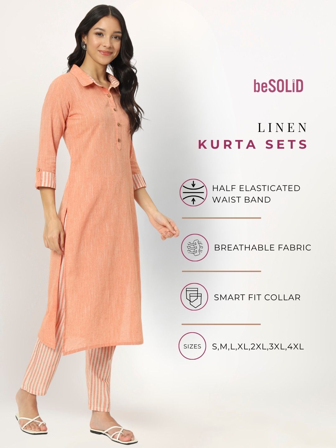 Peachy Pink Linen Kurti Set