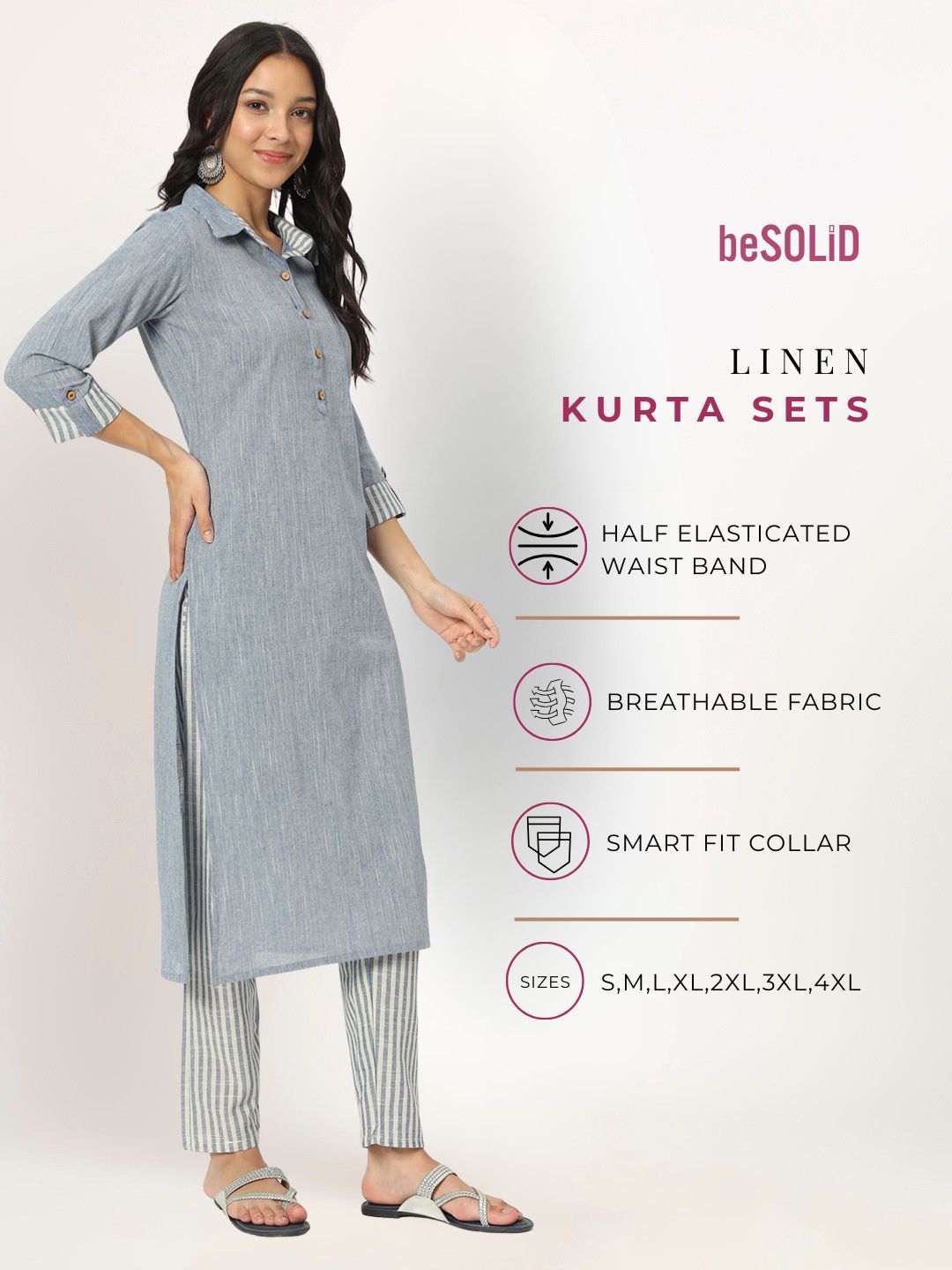 Cyan Blue Linen Kurti Set