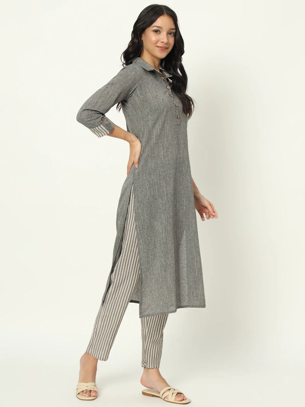 Charcoal Grey Linen Kurti Set