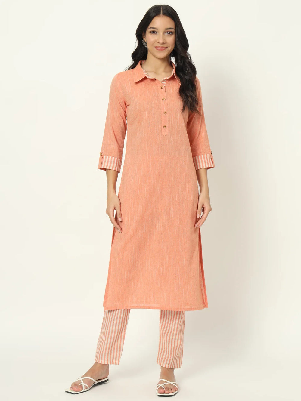 Peachy Pink Linen Kurti Set