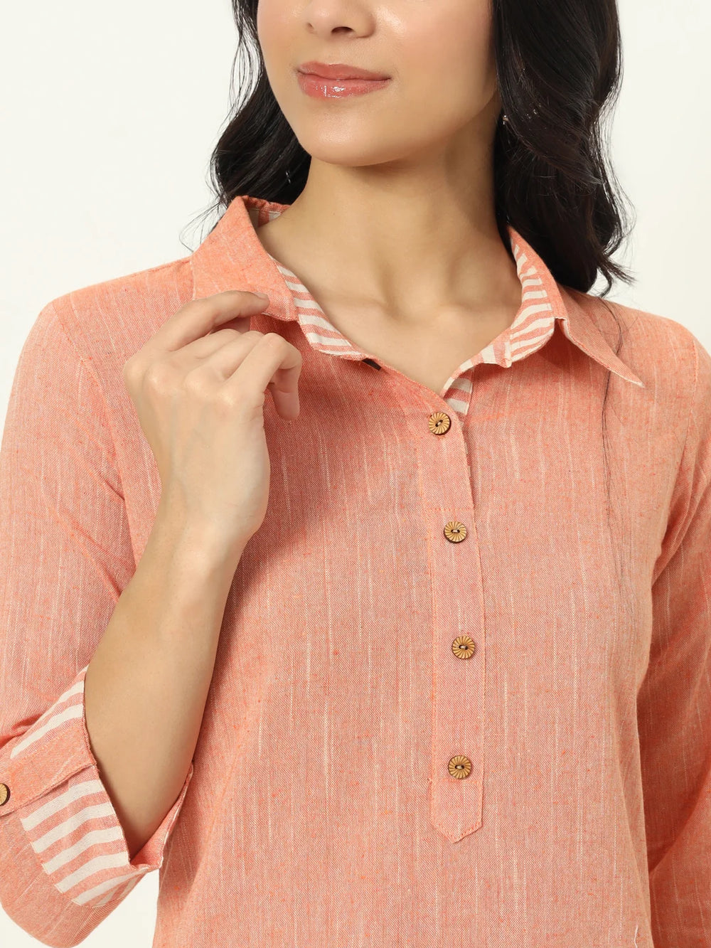 Peachy Pink Linen Kurti Set