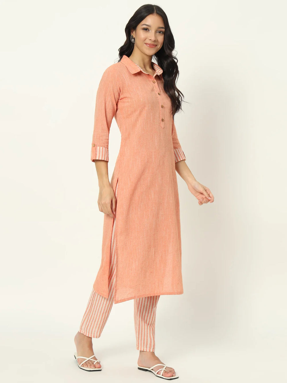 Peachy Pink Linen Kurti Set