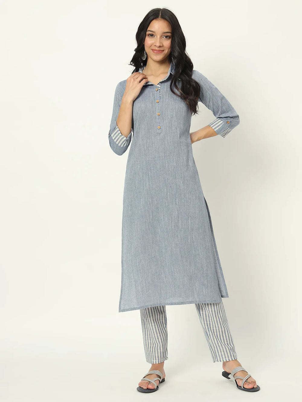 Cyan Blue Linen Kurti Set