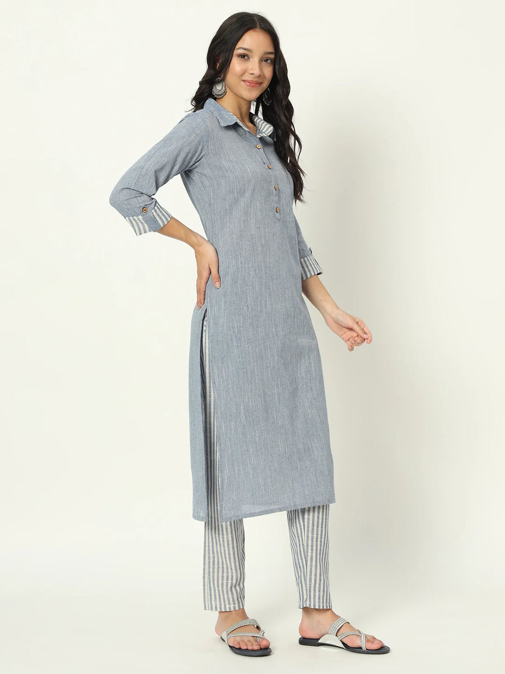 Cyan Blue Linen Kurti Set