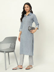 Cyan Blue Linen Kurti Set