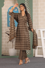 Elegant Brown Printed Suit Set – Pure Sanwadi Cotton Kurti Set with Malmal Dupatta Brown C166