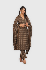 Elegant Brown Printed Suit Set – Pure Sanwadi Cotton Kurti Set with Malmal Dupatta Brown C166