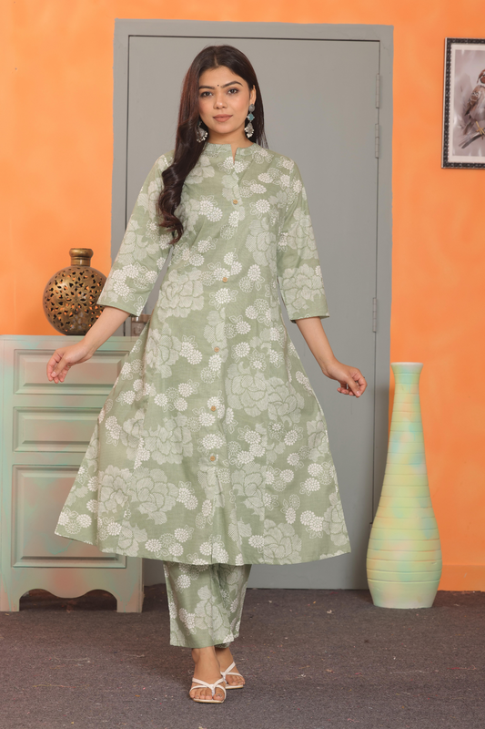 Elegant Sage Green Floral Coord Set – Pure Sanwadi Cotton C160