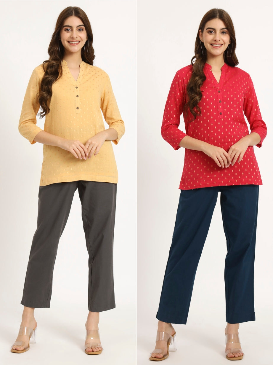 Beige & Red Buta Short Kurti Combo