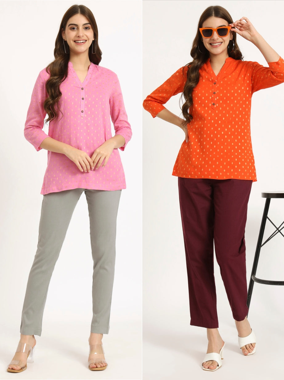 Blush Pink & Orange Buta Short Kurti Combo