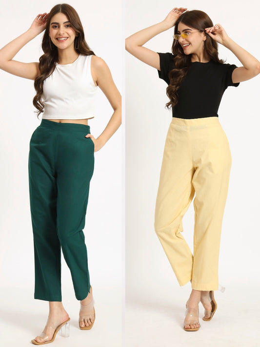 Bottle Green & Beige Cotton Pants Combo