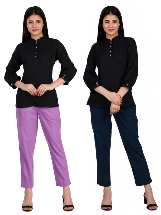 Lavender & Peacock Blue Cotton Pants Combo