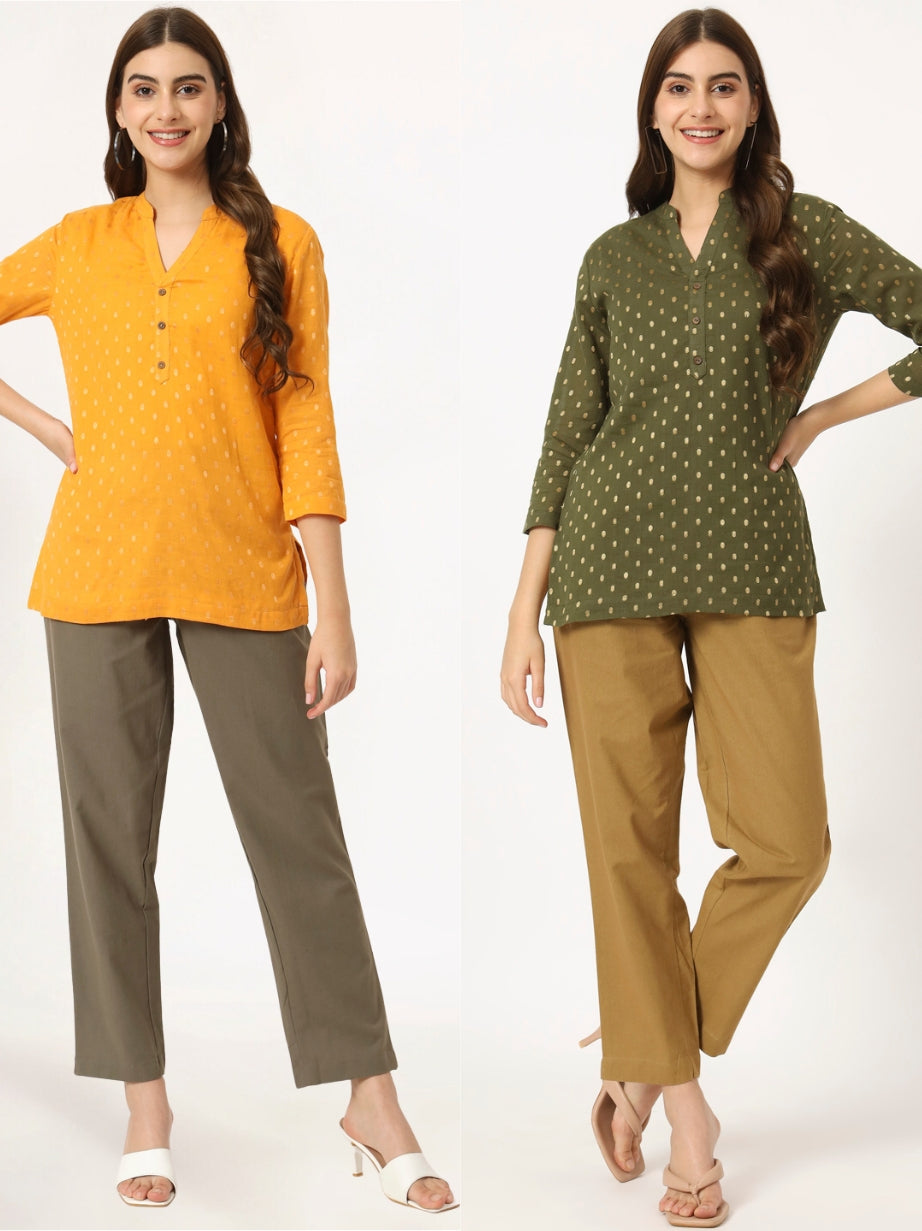 Mustard & Olive Green Buta Short Kurti Combo
