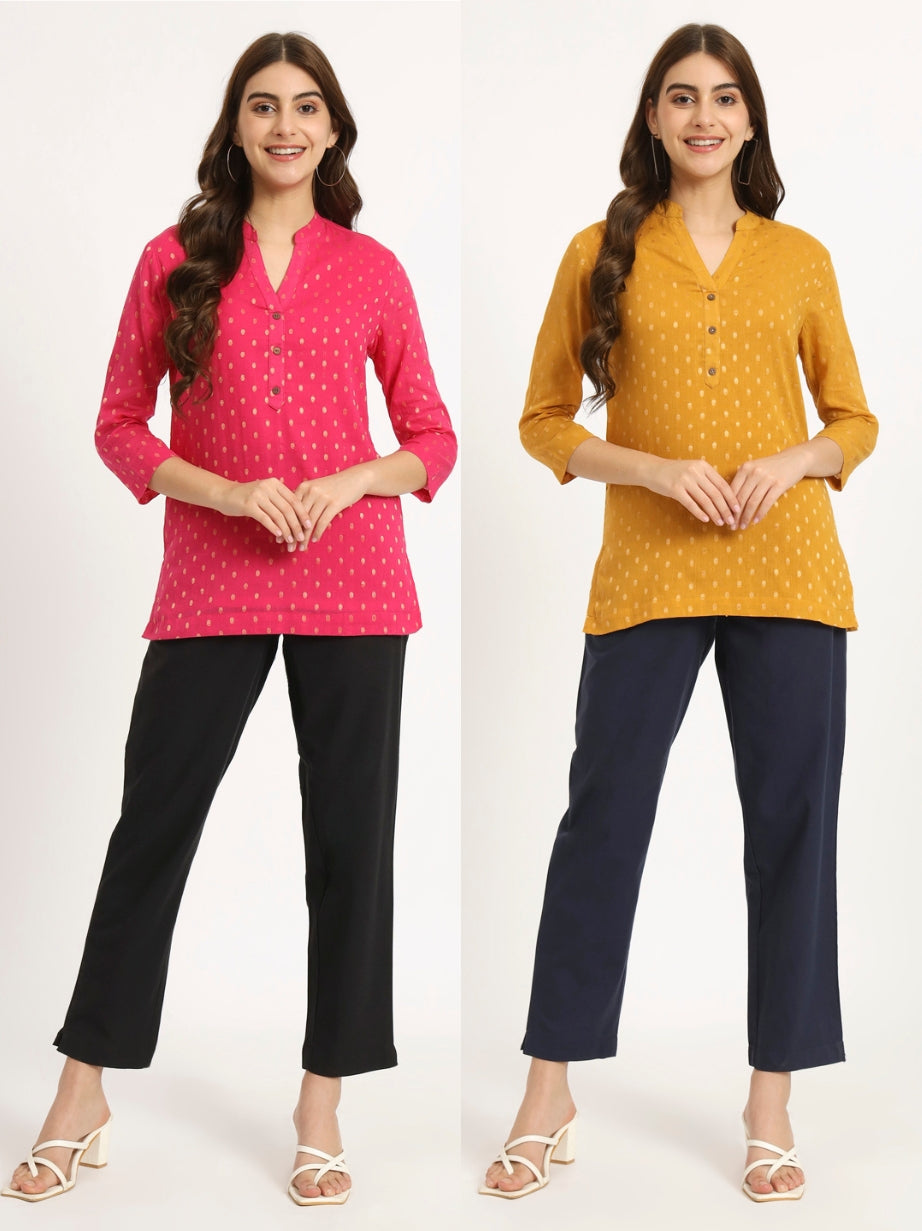 Rani Pink & Dark Mustard Buta Short Kurti Combo