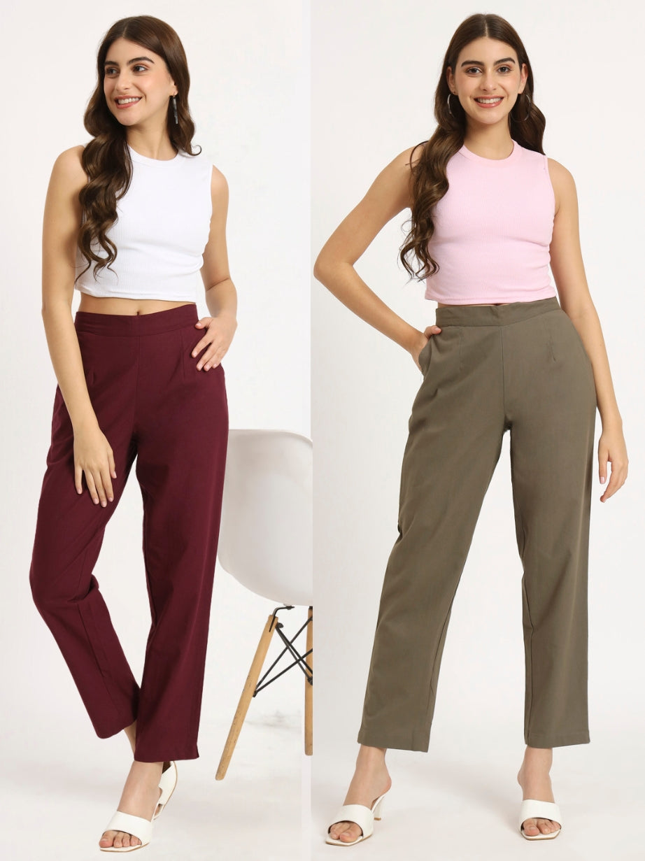 Wine & Ash Grey Cotton Pants Combo