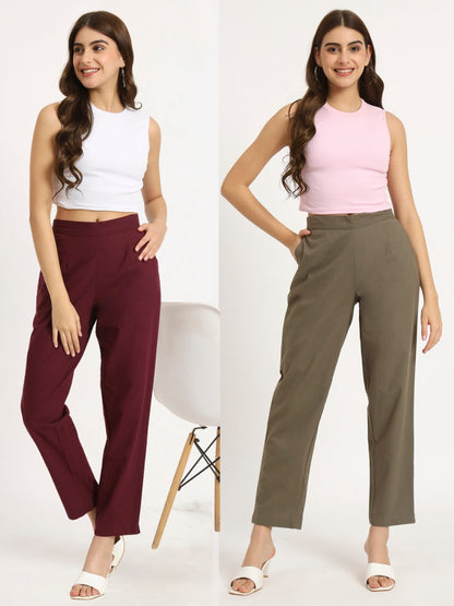 Wine & Ash Grey Cotton Pants Combo