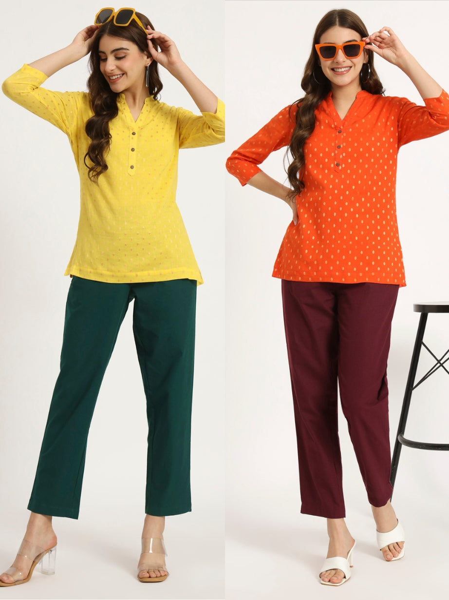 Yellow & Orange Buta Short Kurti Combo